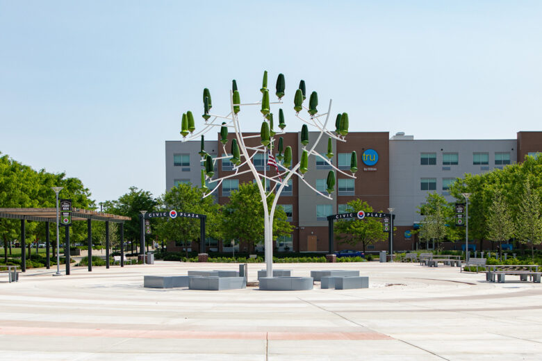 At 34 feet tall, the Wind Tree powers the plaza’s amenities with energy from its leaf-like turbines. The first in Indiana and third in the U.S., it symbolizes sustainable innovation.